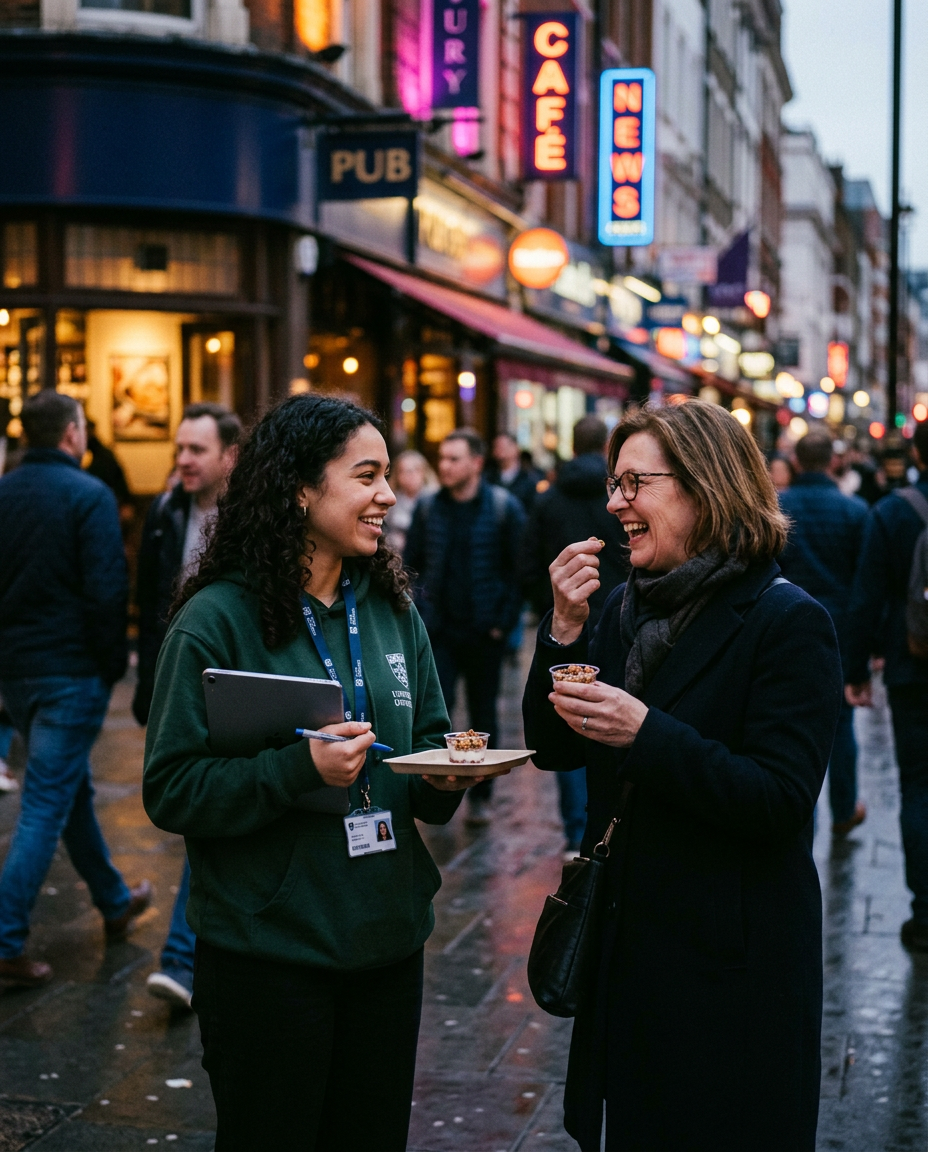 A student offering a product sample to a passerby on a city street